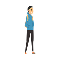 Smiling Guy in Casual Clothes Standing with Backpack, College or University Student Character Vector Illustration