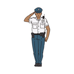 Policeman character in uniform saluting sketch vector illustration isolated.