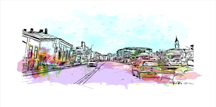 Building view with Landmark of Bacau is the main city in Bacau County, Romania. Watercolor splash with hand drawn sketch illustration in vector.