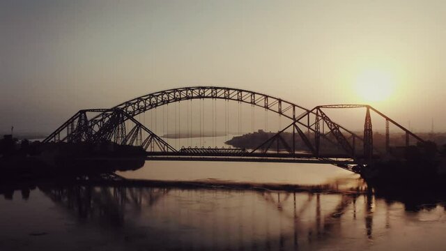 Aerial Lansdowne And Ayub Bridge Over Indus River During Evening Light. Slow Dolly Back