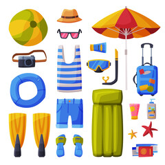Summer Vacation Objects Collection, Suitcase, Shorts, Flippers, Flip Flops, Camera, Beach Umbrella, Traveling and Tourism Vector Illustration on White Background