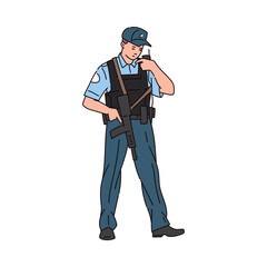 Policeman or guard talking on walkie-talkie, sketch vector illustration isolated.