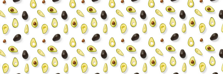 Avocado banner. Background made from isolated Avocado pieces on white background. Flat lay of fresh ripe avocados and avacado pieces.