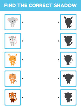 Game template find correct shadow. Matching game for children with cute cartoon animals. Kids activity page for book. Education developing worksheet. Logical thinking training. Vector illustration.