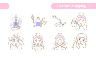 Beauty concept with a set of line drawings of a woman applying hydrating serum to her skin to prevent ageing, colored vector illustration