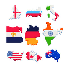Set of map of different countries with flags, Russia, India, Germany, Egypt, USA, Italy, Canada, Australia, pixel art icon, isolated vector illustration. 8-bit. Design for stickers, app, magnet.