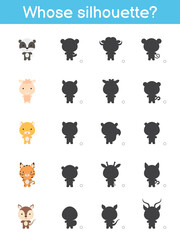 Whose silhouette game template. Matching game for children with cute cartoon animals. Kids activity page. Education developing worksheet. Logical thinking training. Vector stock illustration.