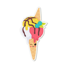 Sticker of ice cream balls with chocolate flat vector illustration isolated.