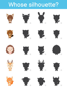 Whose silhouette game template. Matching game for children with woodland cartoon animals. Kids activity page. Education developing worksheet. Logical thinking training. Vector stock illustration.