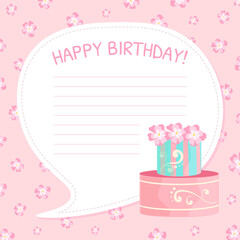 Happy Birthday Card Template, Greeting Celebration Pink Card with Sweet Cake Dessert Vector Illustration