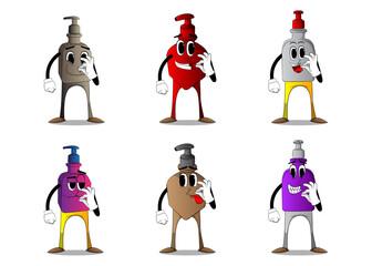 Cartoon bottle of hand sanitizer gel for hygiene with face showing ok sign.