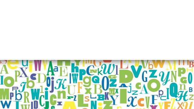 Confused letters of the alphabet scrolling under a sheet of paper. Background with copy space. Cartoon, 2D animation. Looping footage 4k