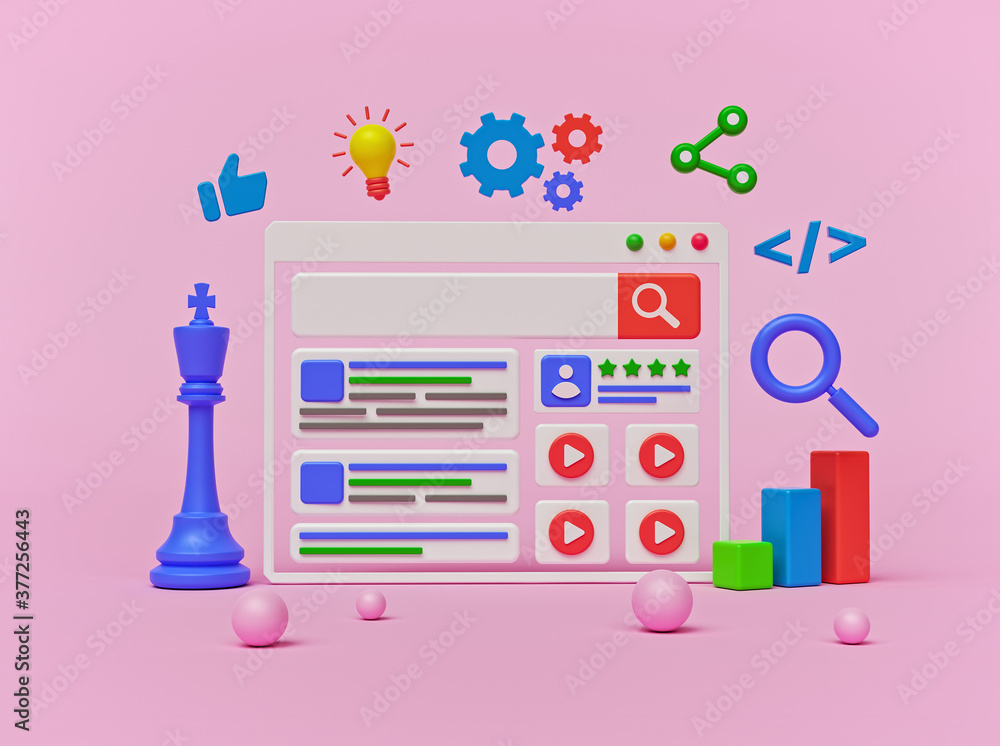 Poster modern search engine optimization and internet website promotion concept. minimal 3d icons. 3d rende