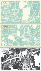 Cheongju, Busan and Bucheon South Korea City Maps Set in Retro Style.