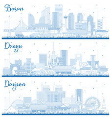 Outline Daegu, Daejeon and Busan South Korea City Skylines Set with Blue Buildings.