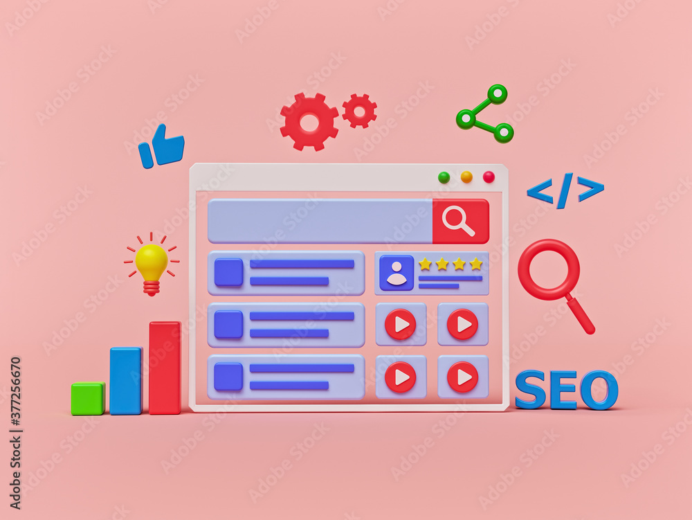 Poster modern search engine optimization and internet website promotion concept. minimal 3d icons. 3d rende