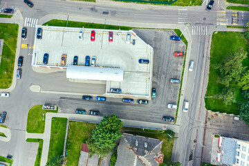 car parking lot viewed from above. urban residential area. aerial photography