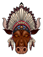 Coloring illustration of a bull head with indian roach. The symbol of the new year 2021. Contour color buffalo with hat with feather. Vector drawing of animal head for tattoo and your designs.