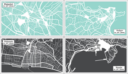 Kerkyra, Kalamata, Kavala, Katerini Greece City Maps Set in Retro Style.