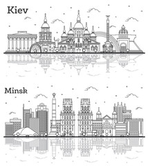 Outline Minsk Belarus and Kiev Ukraine City Skylines Set with Historic Buildings and Reflections Isolated on White.