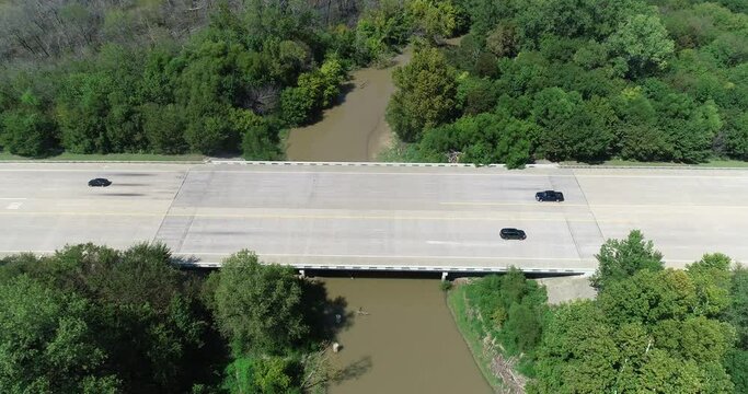 Aerial view of the Elm Fork Trinity River and 380 bridge in Texas