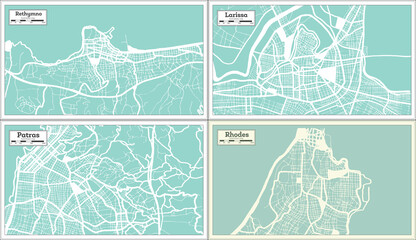 Larissa, Patras, Rhodes and Rethymno Greece City Maps Set in Retro Style.