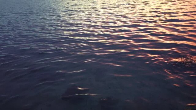 Reflection on seawater on sunset.  Surface with rock and seaweed. Sundown reflection on the surface.