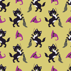 Halloween seamless patterns with black cats. Colorful vector background