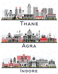 Indore, Agra and Thane India City Skylines Set with Gray Buildings Isolated on White.