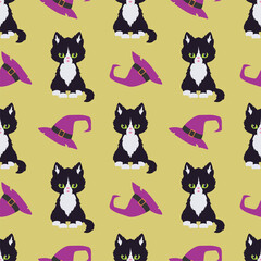 Halloween seamless patterns with black cats. Colorful vector background