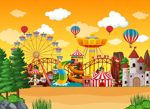 Amusement park scene at daytime with balloons in the sky