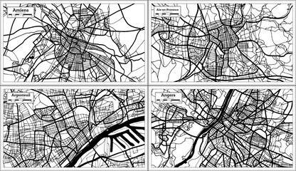 Argenteuil, Aix-en-Provence, Angers and Amiens France City Maps Set in Black and White Color in Retro Style.