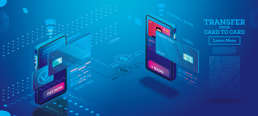 Mobile Money Transfer Isometric Concept. Online Money Transfer from Card to Card.