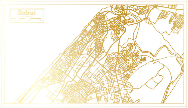 Rabat Morocco City Map in Retro Style in Golden Color. Outline Map.