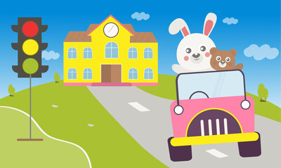 Fototapeta na wymiar Cartoon white rabbit driving on the road from school through traffic lights With a brown bear sitting beside. on school background.vector cute cartoon illustration. 