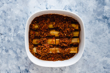 vegan lentil ragu cannelloni pasta bake before going in the oven