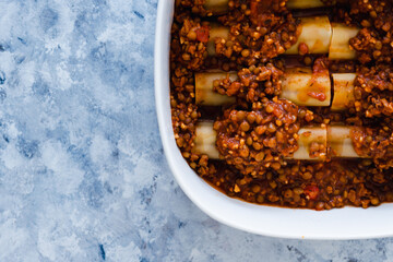 vegan lentil ragu cannelloni pasta bake before going in the oven