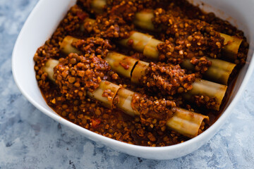 vegan lentil ragu cannelloni pasta bake before going in the oven