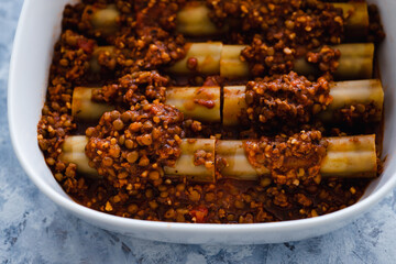 vegan lentil ragu cannelloni pasta bake before going in the oven