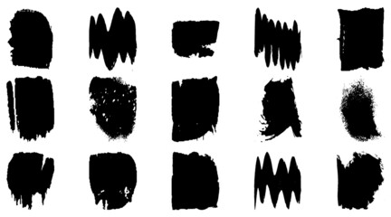 Vector grunge brush, spots. Abstract brush strokes with a dry brush. Large set of ink blots. Black backdrops, patterns on white background