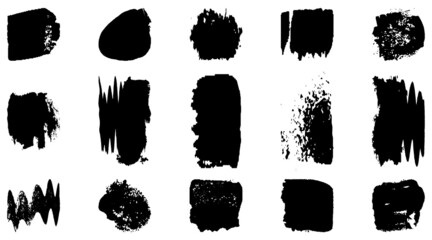 Vector grunge brush, spots. Abstract brush strokes with a dry brush. Large set of ink blots. Black backdrops, patterns on white background