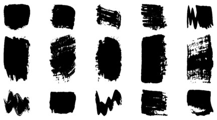 Vector grunge brush, spots. Abstract brush strokes with a dry brush. Large set of ink blots. Black backdrops, patterns on white background