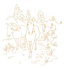 Horses are walking the trail. Hand drawn sketch. One after another. Rural landscape road. Herd of horses in the forest. Vector illustration.