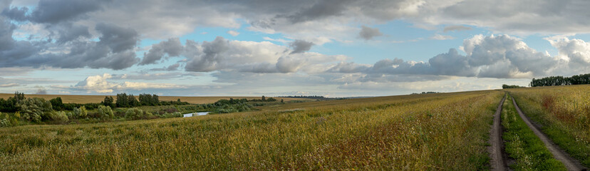 Summer panoramic landscape with dark rainy clouds over the fields