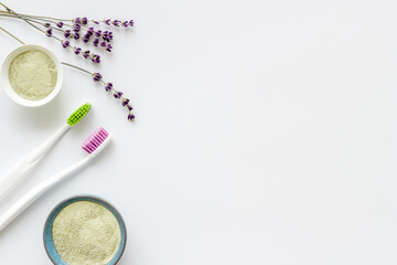 Dental care background above view. Lauout of stomatology tools