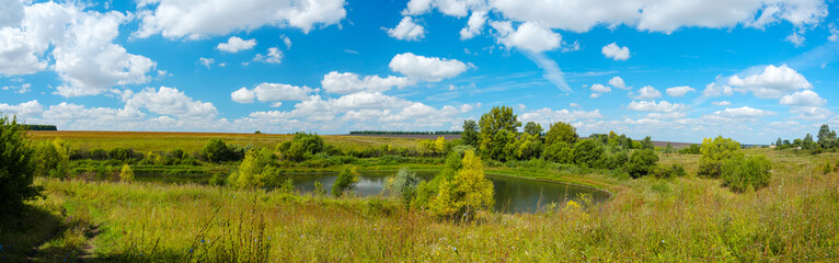 Summer landscape with lake and blue sky