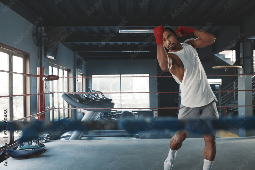 Sticker Sport. Man Boxing On Ring At Gym. Handsome Asian Sportsman With Hand Wrap Fighting At Fitness Center. Sexy Guy Training For Strong, Healthy, Muscular Body. Bodybuilding As Lifestyle.