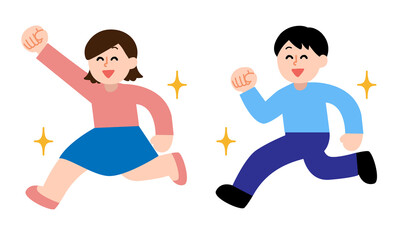 ガッツポーズしながら元気に走る女性と男性