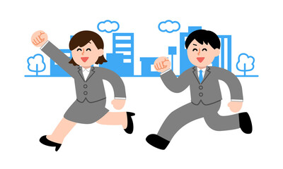 オフィス街をガッツポーズしながら走るスーツ姿の女性と男性