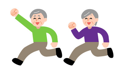 シニア女性の前をガッツポーズしながら走るシニア男性